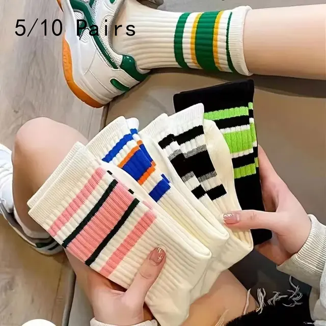 5/10 par skarpetek damskich śliczne ciepłe skarpetki w stylu Harajuku proste kolorowe krótkie skarpetki w paski moda wiosna jesień kobiety skarpetki średniej długości