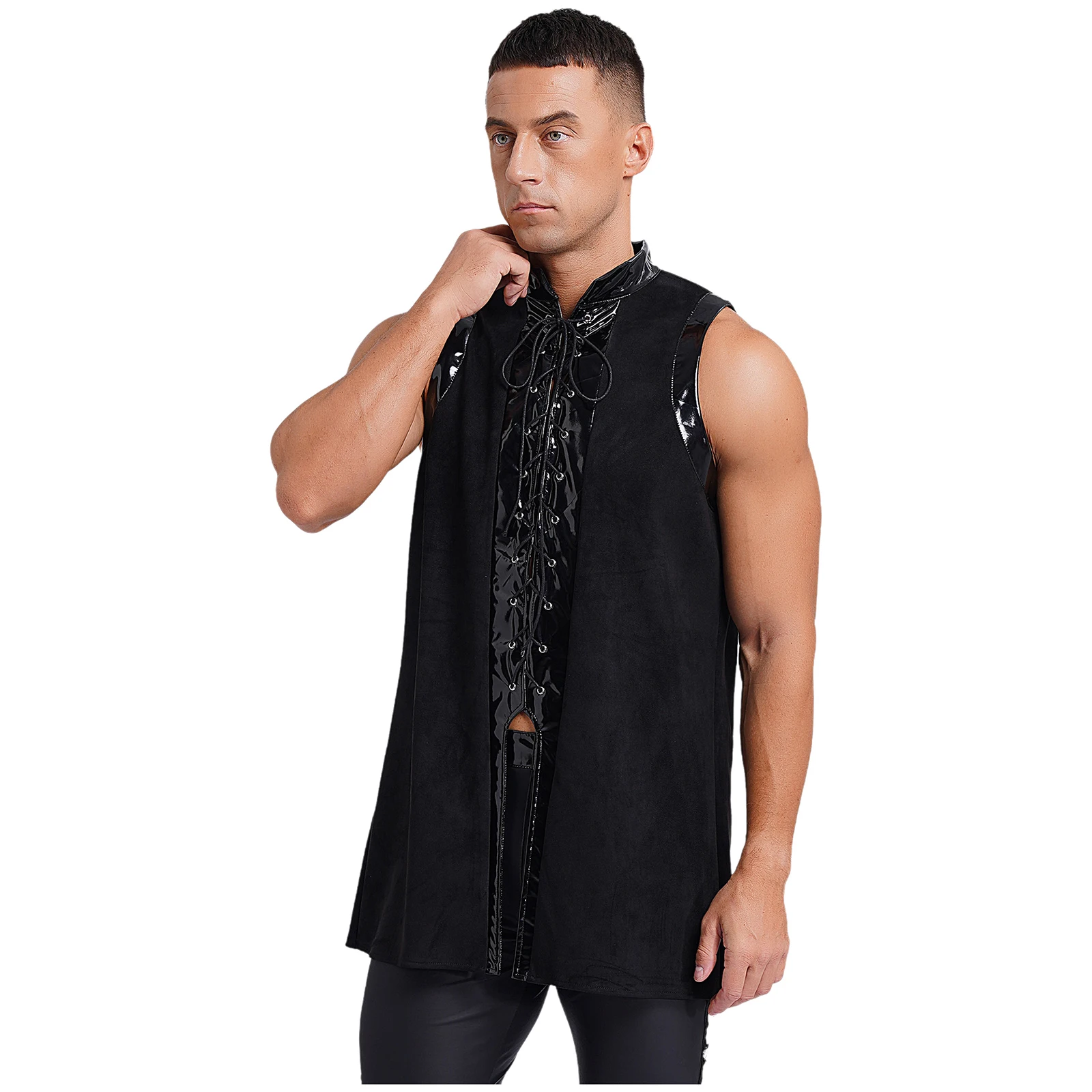 Mans Medieval Gothic Waistcoat Wetlook Leather Lace Up Sleeveless Vest Renaissance Steampunk Vampire Blazer Undershirts