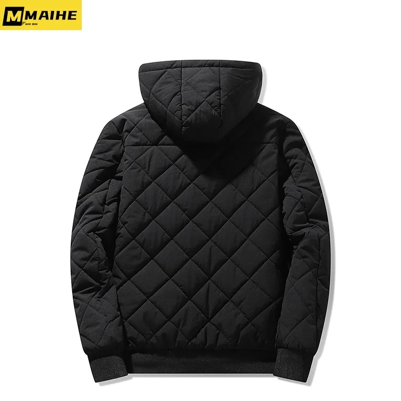 Jaqueta de algodão acolchoada masculina com capuz, textura losango, parkas casual, plus size, outono, inverno, roupas da moda, 5XL