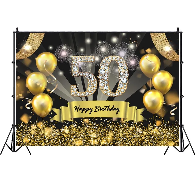50th Birthday Backdrop Black Gold Glitter Men Women 50 Years Old Birthday Party Photography Background Photo Booth Props