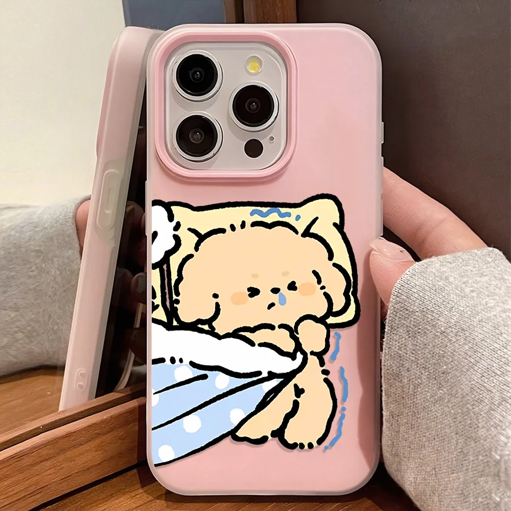 

Cartoon Dog Cat Couple Phone Case For iPhone 14 11 13 12 15 16 Pro Max Candy Color 2 IN 1 Shockproof Matte Soft Cover Bumper