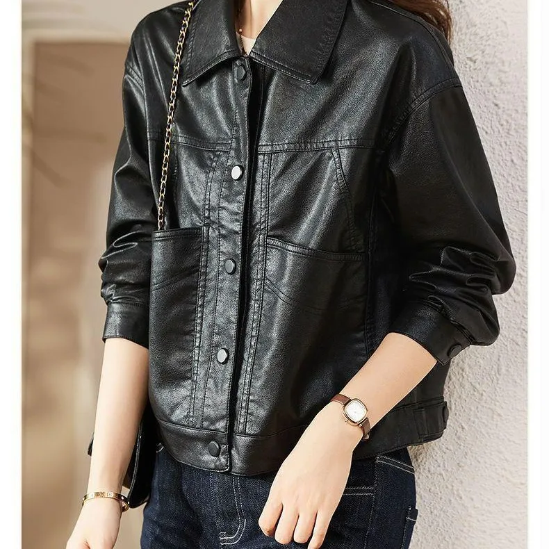 Faionable المرأة عادية بولي Leather الجلود Jaet ربيع الخريف بدوره إلى أسفل طوق Sli معطف عصري مريح صالح السيدات ملابس خارجية