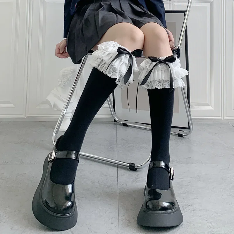 Lolita Spitze JK Strümpfe Sommer Schleife Knoten Gothic japanischen Stil lange Strümpfe Uniform Kniestrümpfe Y2k Mädchen süße Rüschen lange Socken
