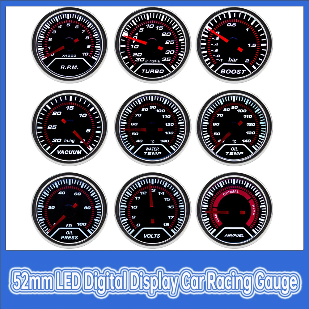 

52mm Car Pointer Gauge Smoke Lens White Backight Tacho Meter Boost Gauge Bar Psi Water Temp Oil Temp Oil Press Voltmeter for Car