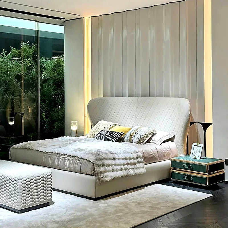 

Light luxury leather double senior designer luxury villa master bedroom home wedding bed soft bag bed