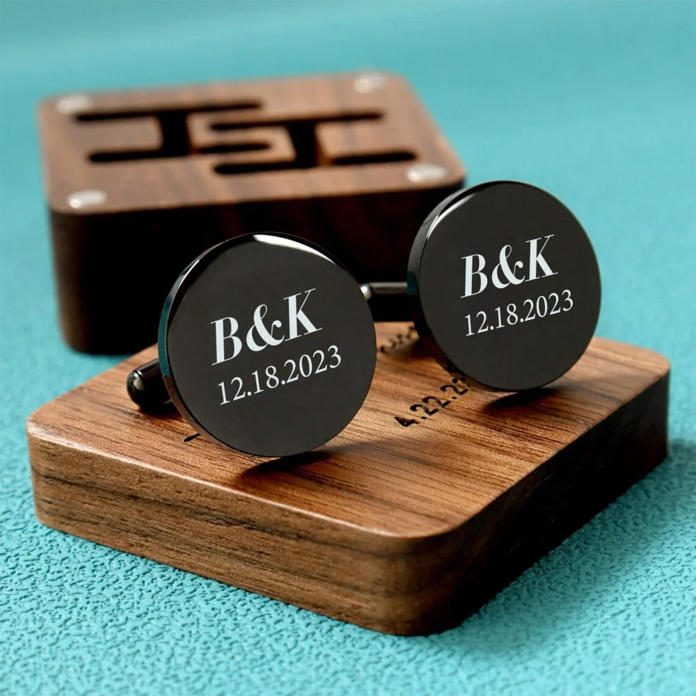 LeeChee Personalized Customized Name Laser Carved Stainless Steel Cufflinks Wooden Box Father's Day Gift