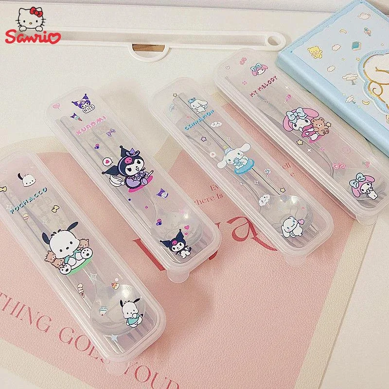 Anime Sanrio Lunch Box Cutlery Cinnamoroll Melody Kuromi Pochacco Portable Camping Three Piece Fork Spoon Chopsticks Set Gifts