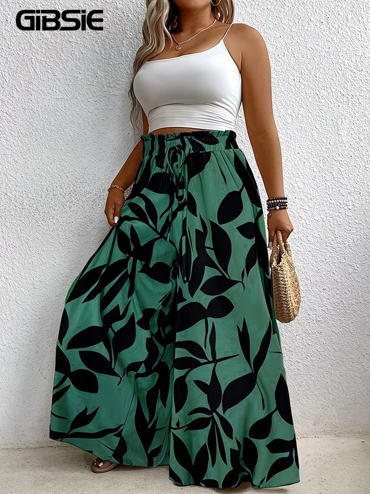 

GIBSIE Plus Size Drawstring High Waist Loose Pants Women Summer Boho Vacation Style Print Oversize Female Wide Leg Trousers