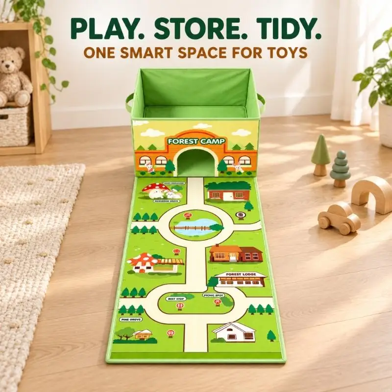Convertible Toy Storage Box with Illustrated Floor Play Mat, Side Carry Handle, and Space for
