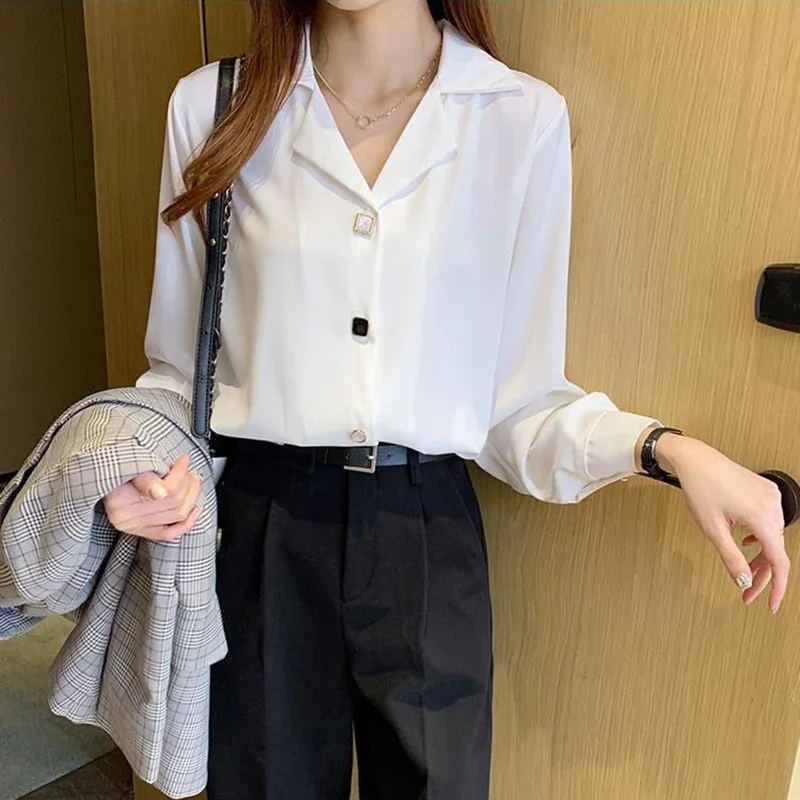 Spring Autumn Elegant Women Shirts 2024 Solid V Neck Buttons Chiffon Blouse Loose Casual Korean Trendy Black Straight Mujer Tops