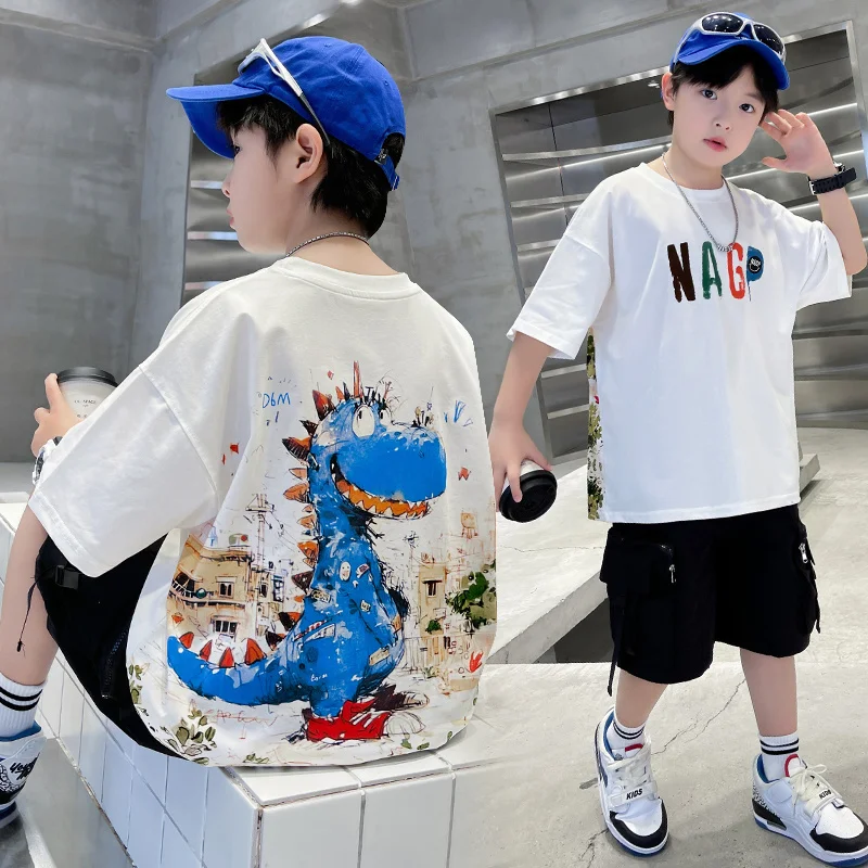 Summer Child T-shirt with Dinosaur for Boy Short Sleeve Dinosaur Print Kids Cotton Tee Top Trendy Fashion Teenager Tshirt 5-14 T