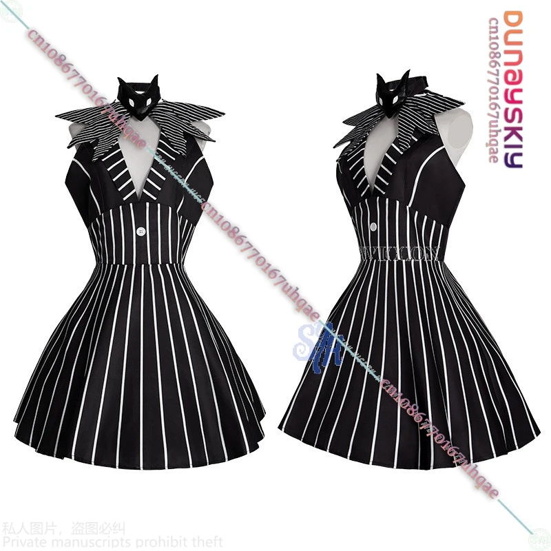أنيمي أنشطة الهالوين حفلة تأثيري Skully Genderswapped أسود أبيض مخطط بلا أكمام عارية الذراعين {SAIKOU} فستان القوطي لوليتا #5