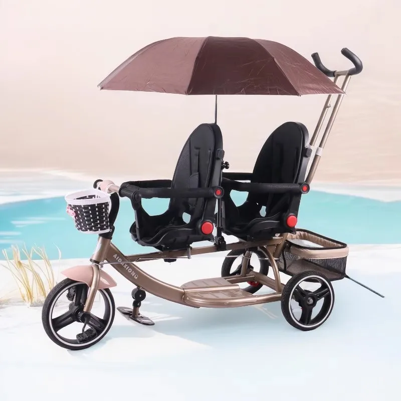 

Twin Children's Handcart Size Two Front and Rear Seats Baby Bicycle Twin Can Sit and Lie Down Baby Stroller Divine Tool