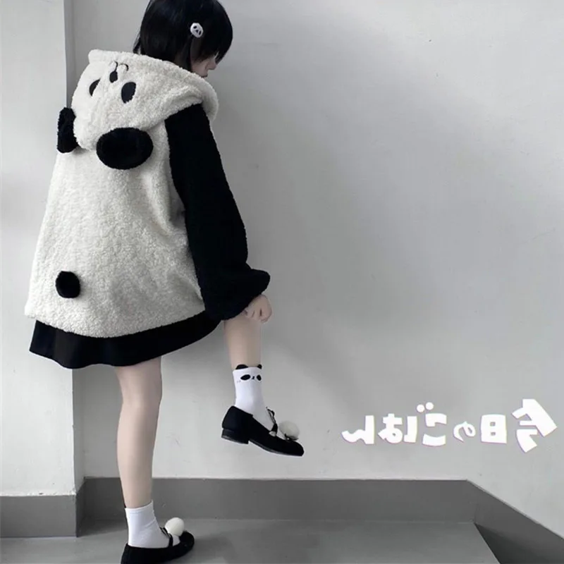 Panda Cosplay Costume Bear Ear Winter Hooded Sweatshirt Plush Fleece Oversized Hoodies Girls Clothing Kawaii Warm Homewear