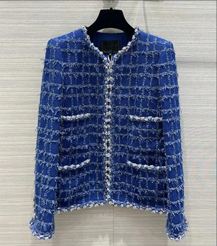 European and American women's clothes 2024 spring new Long sleeve Blue tassel Round neck fashion Tweed coat