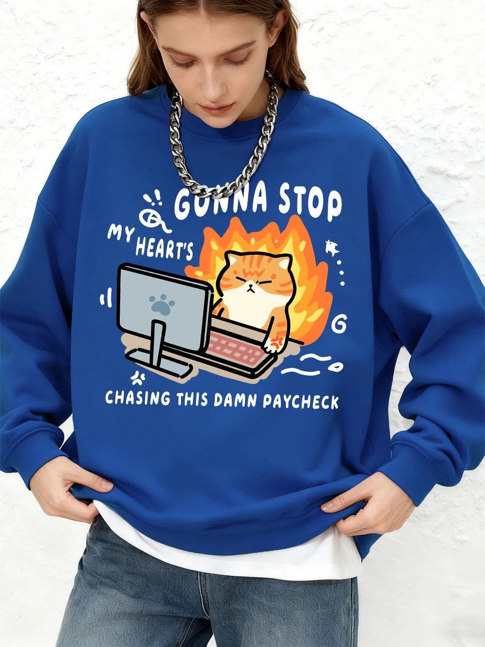 

Женская толстовка с капюшоном Chasing Paycheck с кошачьим принтом, базовая теплая толстовка с длинными рукавами, пуловеры с круглым вырезом для бега, зимняя одежда больших размеров