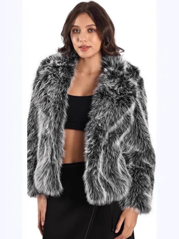 

2025 Autumn Winter New Women Faux Fur Jacket Black and White Short Furry Coat Fluffy Top Turn Down Collar Warm Office Lady Beige