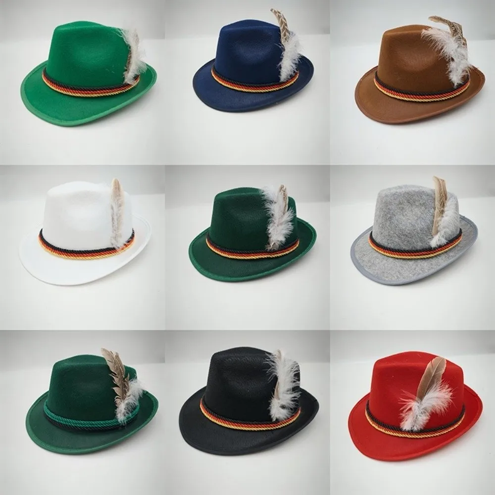New Classic Bavarian Feather Hat Decorative Side Cord Structured Brim Fedora Hat Dress Up Western Panama Hat Halloween Party