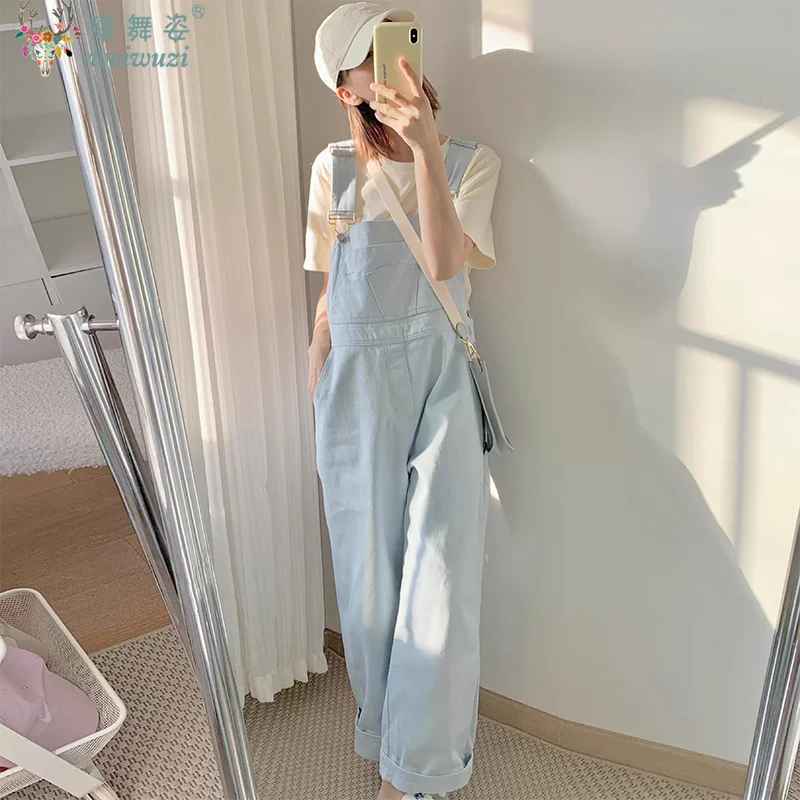 

Y2k Women's Blue Adjustable Strap Denim Overalls Chic Wide Leg Jeans Autumn Loose Straight Denim Jumpsuit Cowboy Causal Outfits
