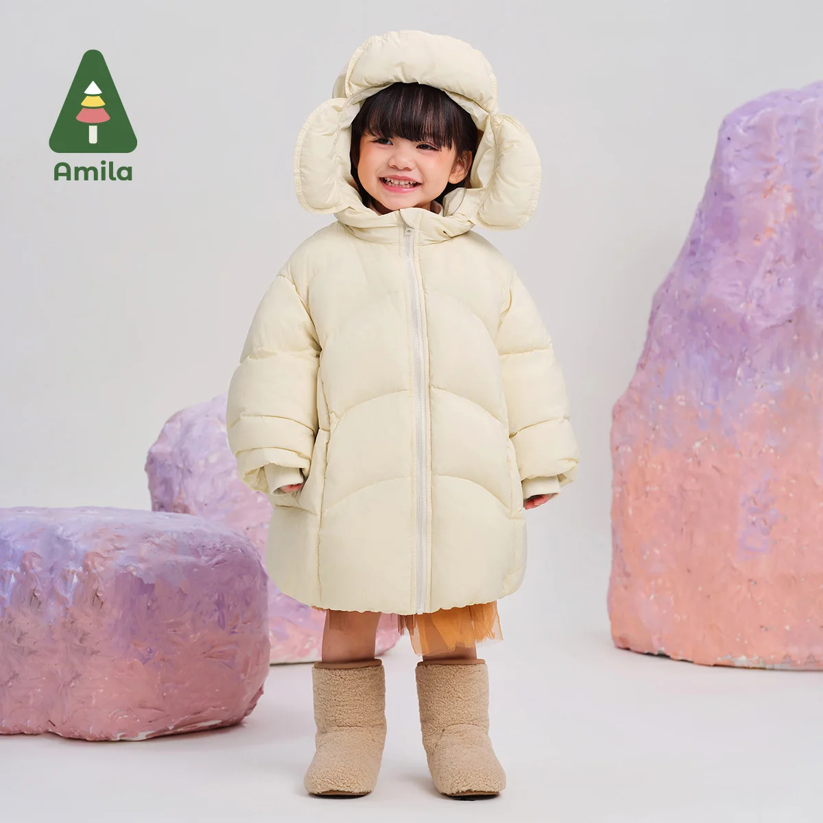 Amila Baby Down Jacket 2024 Winter New Girls Solid Color Flower Hooded White Duck Down Warm And Soft Mid-Length Children\'s Coat