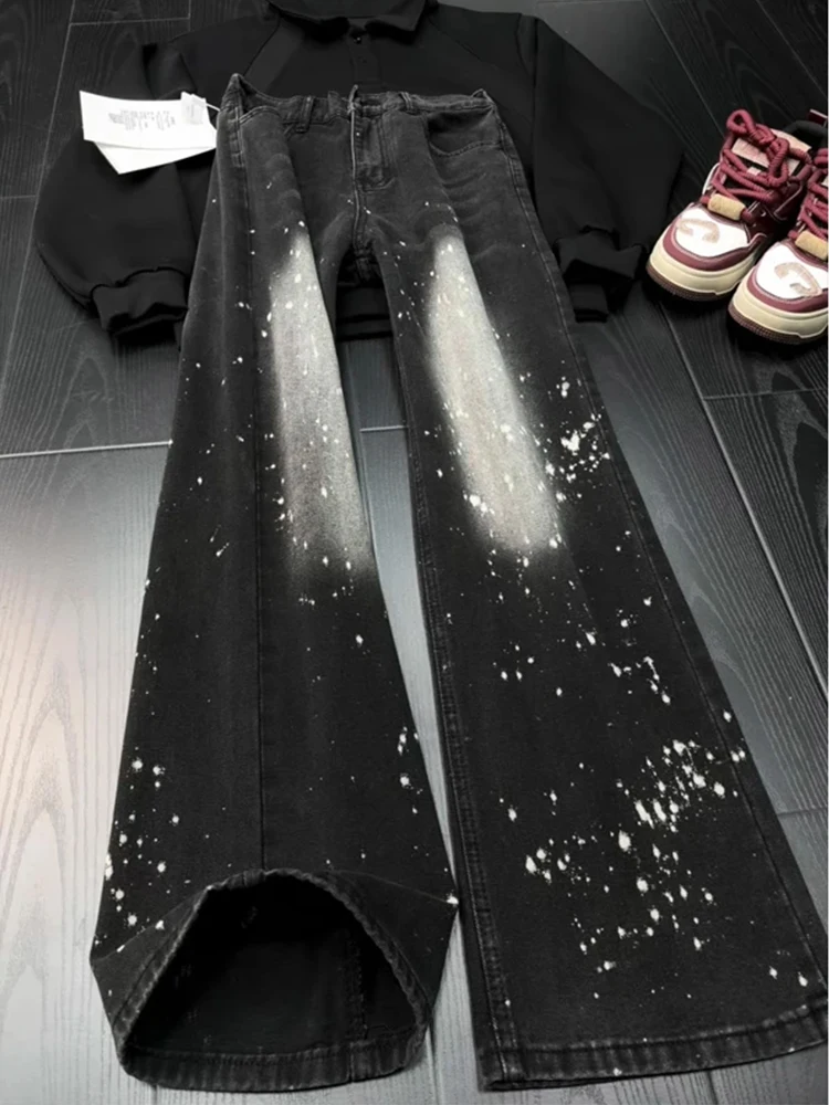 

Мужские джинсы American High Street Splashed Ink: весенние, премиум-класса, с эффектом брызг краски, слегка расклешенные, прямого кроя, от модного бренда, стильные и эффектные.