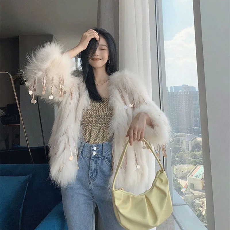 2026年冬新作　フレンドリーフォックスファー　タッセル付きファーコート　環境に優しい　レディース　ショート丈　おしゃれ　上品　ラクーンファー風コート