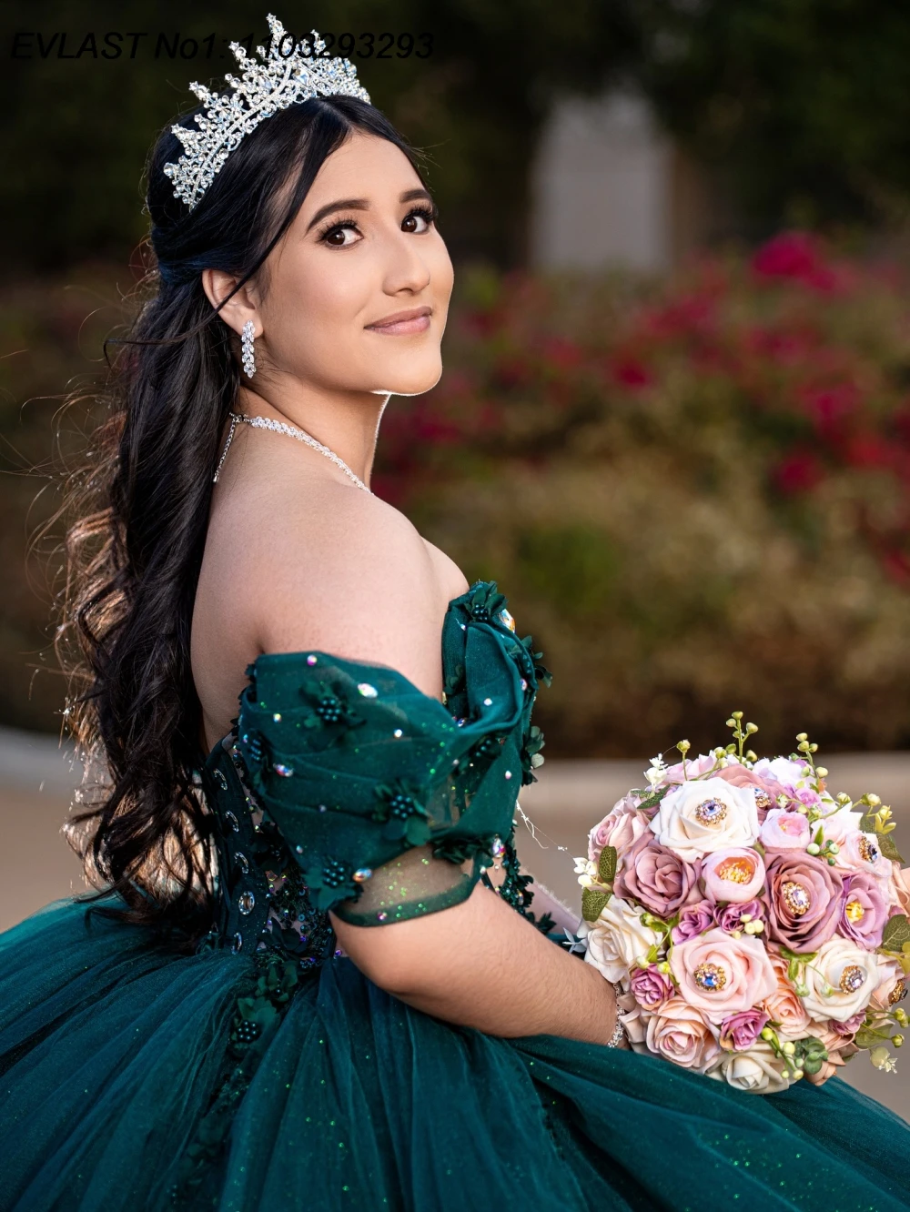 فستان Quinceanera مخصص باللون الأخضر اللامع من EVLAST فستان حفلة مزين بالدانتيل اللامع مطرز بالخرز الحلو 16 فيستدوس دي 15 أنوس E1QN656 #2