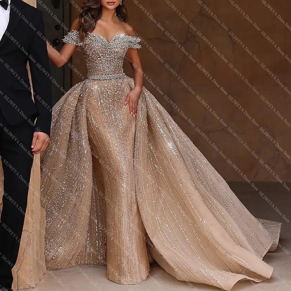 

Luxury Shinny Crystal Beaded Wedding Dresses With Sweep Train For Women Elegant Off The Shoulder Backless Wedding Bridal Gowns