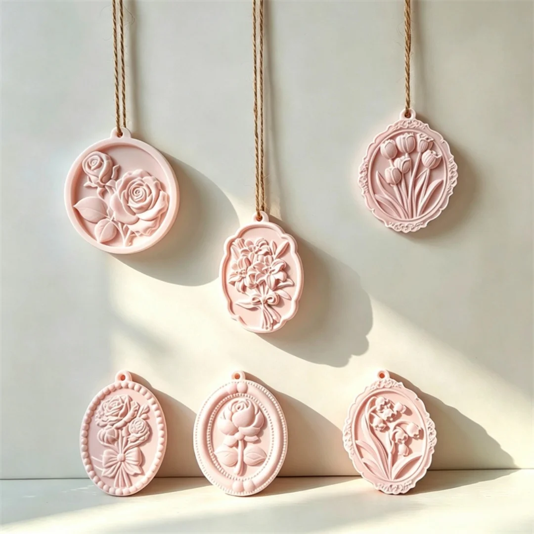 6 Cavity Embossed Flower Pendant Plaster Silicone Mold Retro Floral Aroma Hanging Tag Mould DIY Scented Gypsum Cement Mold