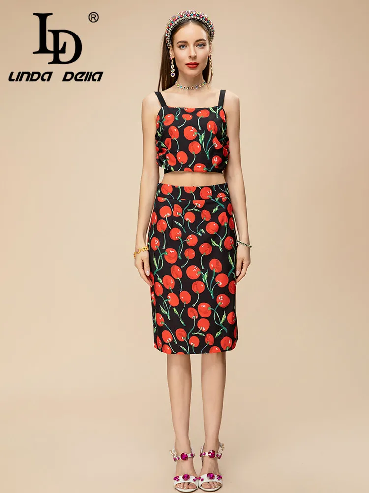 LD LINDA DELLA 2023 Summer Runway Designer Set Women\'s Suspender Cherry Print Top+Elastic Waist Elegant Party Skirts Sets