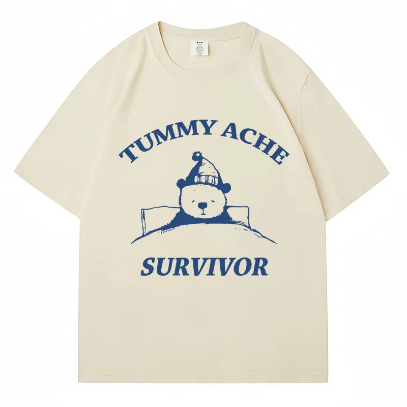 Tummy Ache Survivor Bear Graphic T Shirt Fashion Men Women T Shirts Oversized 100% Cotton Casual Kawaii T-Shirt Streetwear Gifts