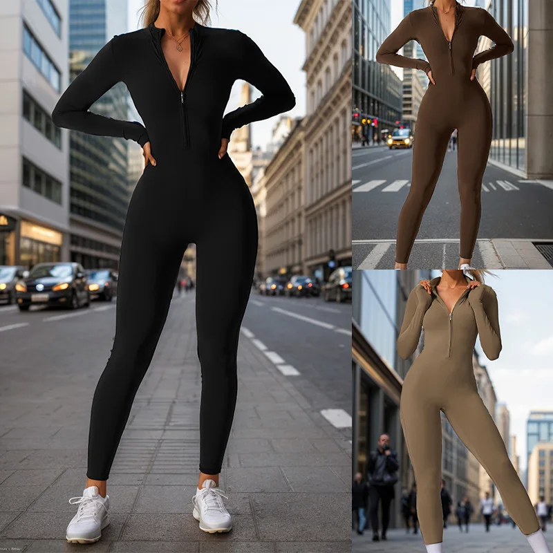 Satu potong Sporty jumpsuit untuk wanita lengan panjang ritsleting kebugaran overall pakaian Yoga seksi elegan Gym latihan Bodysuit Push Up