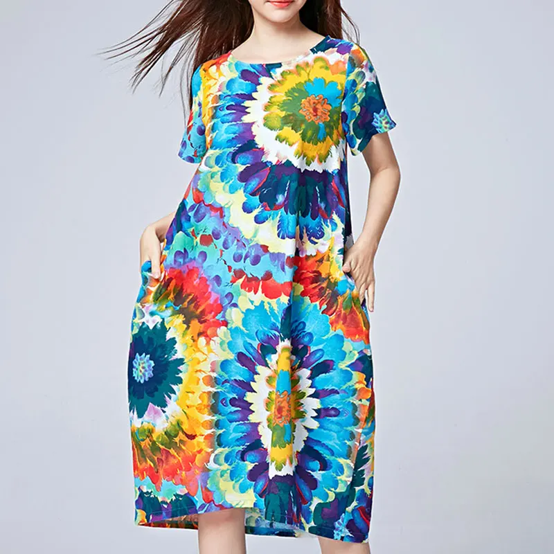 

Bohemian Folk Printed Vintage Midi Dress 2023 New Summer Casual Round Neck Short Sleeve Women's Clothing Straight Loose Dresses