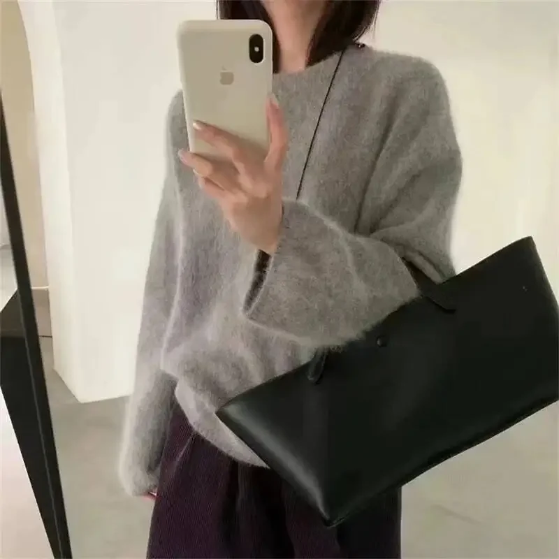 Morbido maglione pullover in velluto imitazione visone per donna Chic nuovo allentato O-collo lavorato a maglia Top autunno inverno abbigliamento