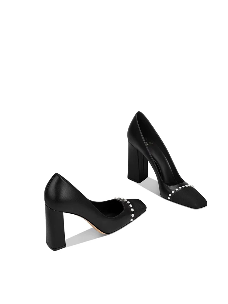Spring new square toe leather stitched pearl square heel shoes banquet dress large size small size thick high heeled women shoes view 6