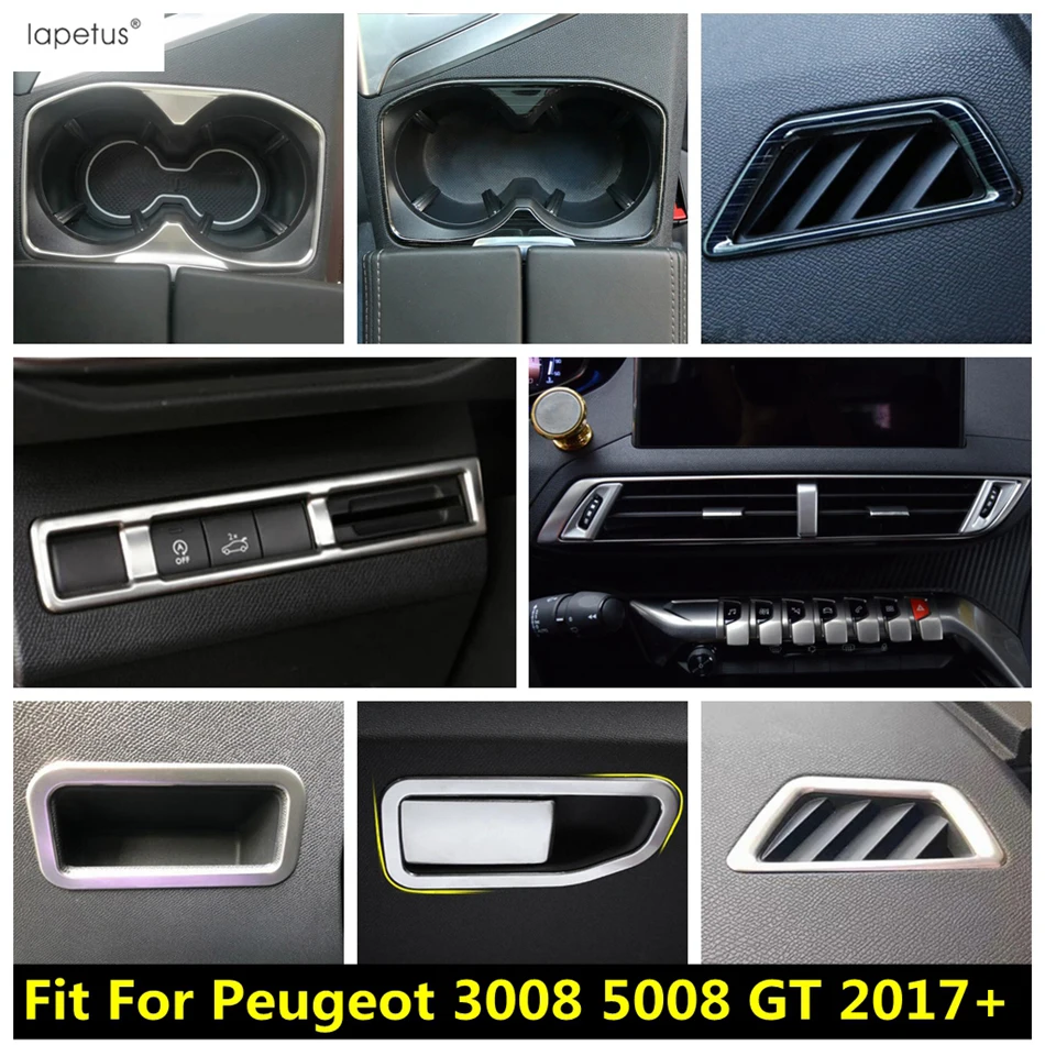 Stainless Steel Accessories For Peugeot 3008 5008 GT 2017 -2023 Main Driving Glove Box / Head Light / Water Cup / Air Cover Trim