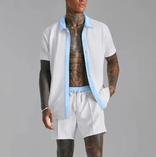 

Summer New Men's casual suit patchwork Jacquard lapel short-sleeved shirt & Shorts 2-piece Stylish and comfortable Streetwear