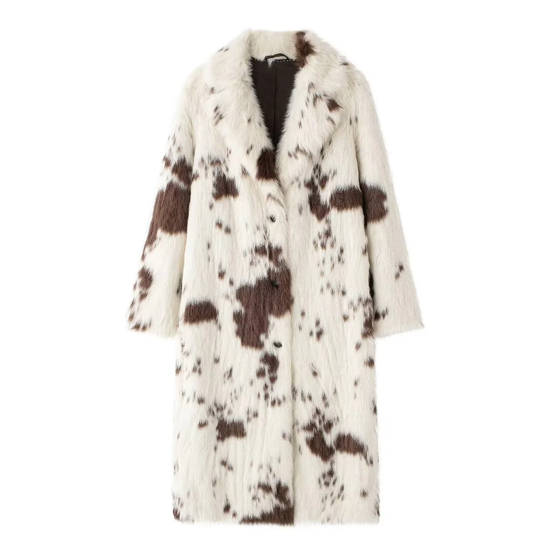 ZA women's 2024 autumn and winter new coat with animal pattern print on the collar, single breasted long imitation fur jacket