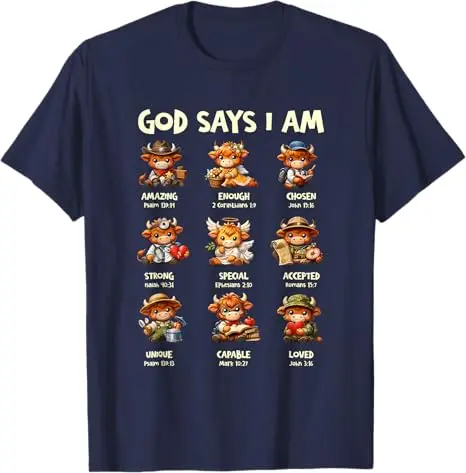 Schottisches Kuh-T-Shirt: Gott sagt, ich bin eine Highland-Kuh – Christliches religiöses Kleinkuh-T-Shirt, Y2K Glaube Jesus Bibelvers Tee Bekleidung – Detail 6