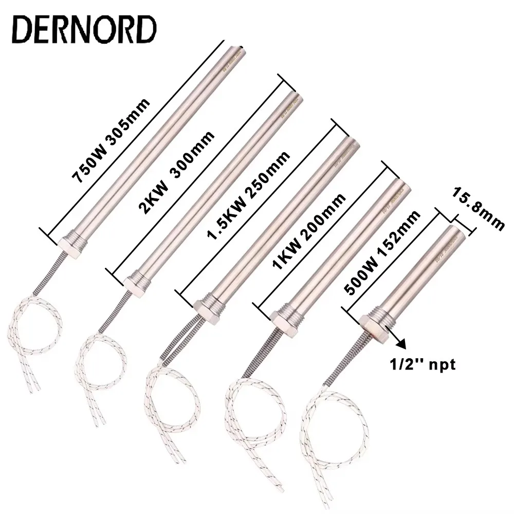 DERNORD Electric Tubular Heater 120v/240v Cartridge Heater with 1/2''NPT Thread Hot Rod Resistance 500/750w/1kw/1.5kw/2kw SUS304