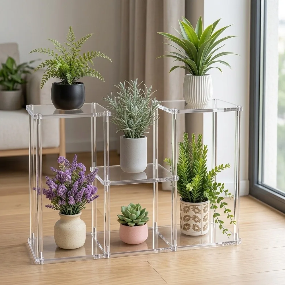 Modern Clear Multi Tier Plant Stand For Acrylic Flower Pot Display Rack Space Saving Minimalist Decor For Indoor Living Room
