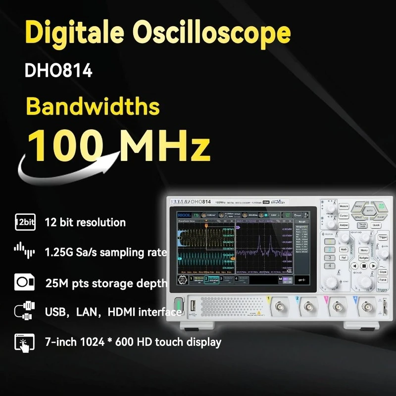 Digital Oscilloscope DHO814 100MHz Frequency Band + 12-bit Vertical Resolution + Maximum 1.25 GSa/s Sample Rate + 1000,000 wfms