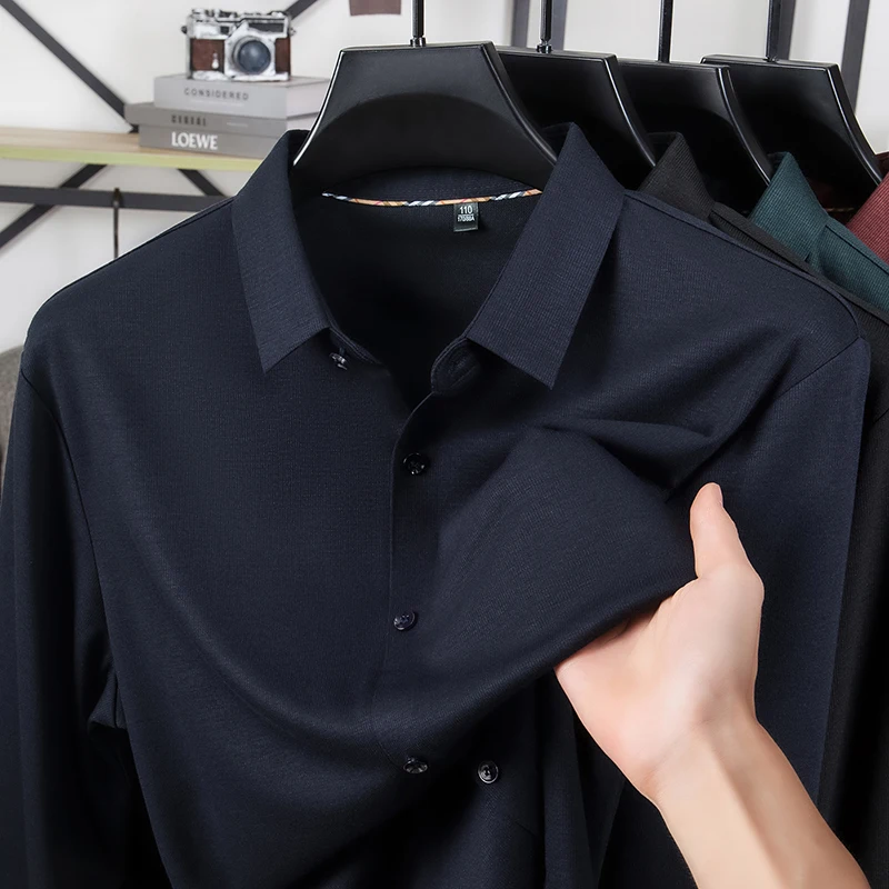 

Качественная роскошная мужская рубашка с длинным рукавом с лацканами, осенняя новая однотонная рубашка без следов, высококачественная модная мужская одежда для умного офиса и отдыха, топ