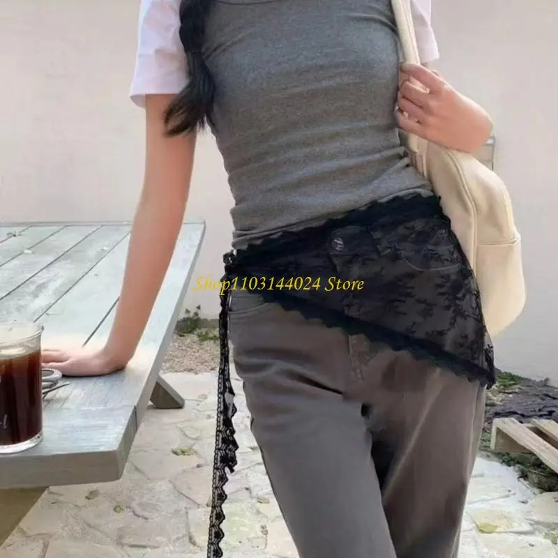 N5KE Adjustable Waist Floral Lace Trim Triangle Mesh Layered Skirt Lace Overlay Korean Women’s Fashion Skirt All Season Wear