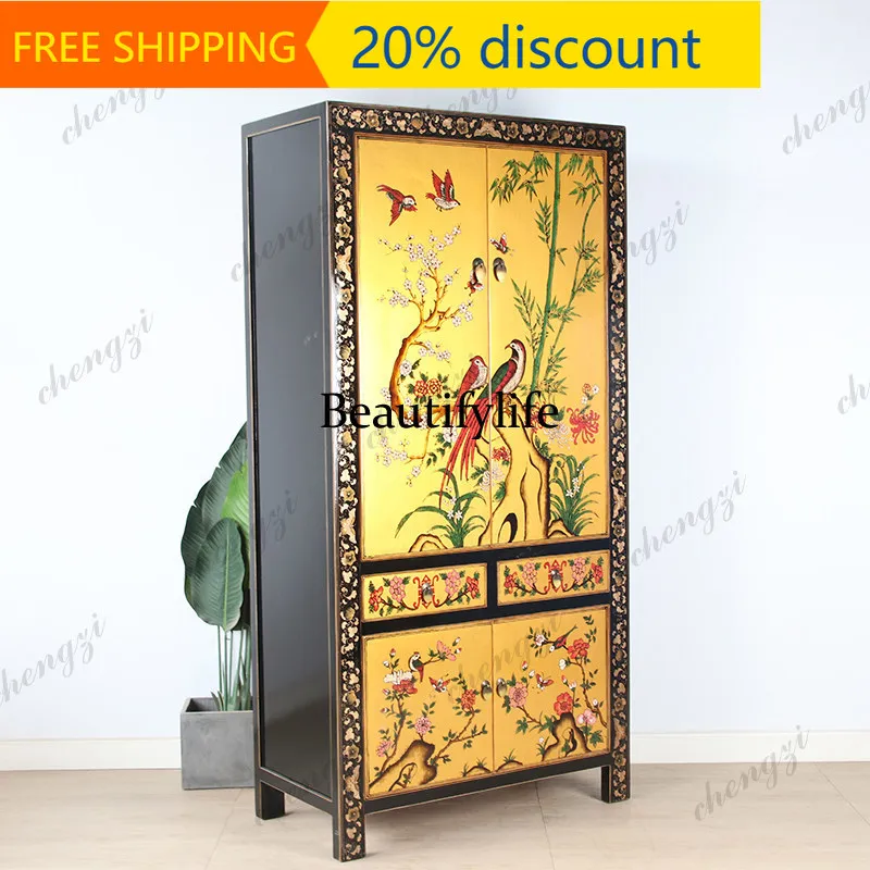 Y132 New Chinese solid wood gold-painted large cabinet four-door wardrobe classical traditional gold foil hand-painted bedroom