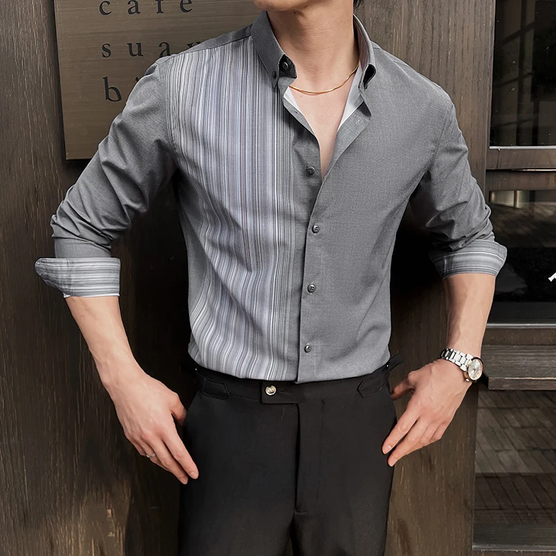 

Men Dress Shirts Fashion Spring New Half Striped Shirt Men's Clothes 2025 Business Formal Wear Slim Fit Casual Office Blouses