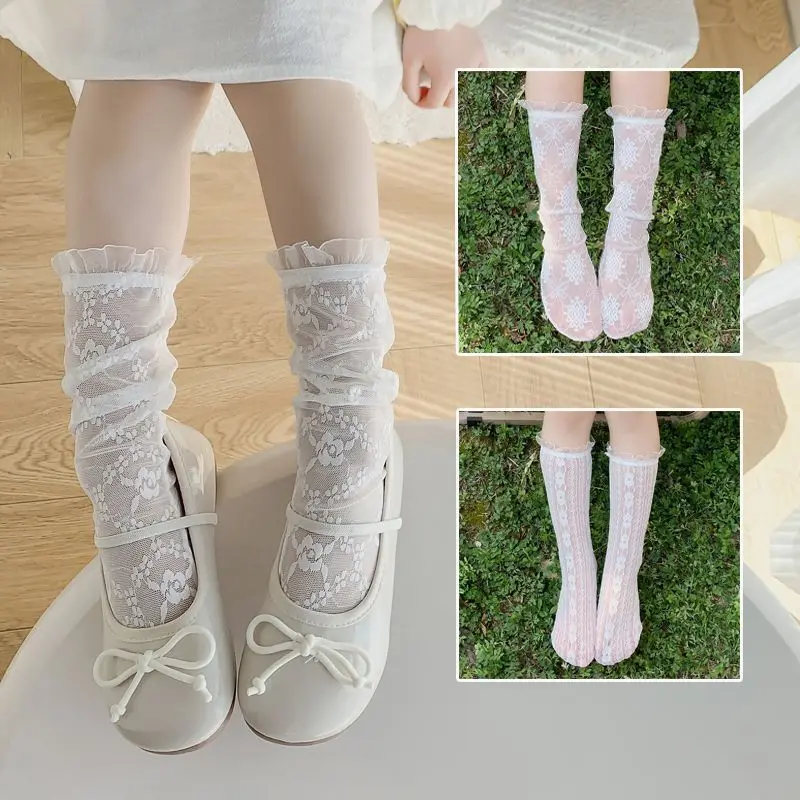 Calcetines de encaje con volantes para niñas, medias de rejilla suaves y finas, color blanco, Floral, accesorios de tela, Verano