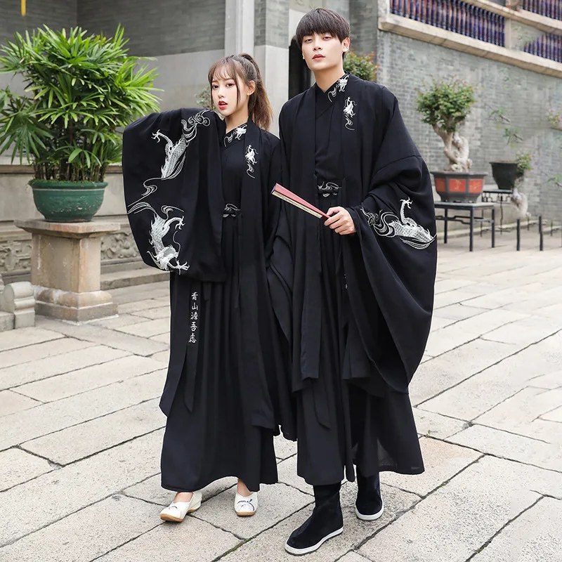 Chinesische traditionelle Hanfu Kleider Männer und Frauen Drachens tickerei schwarz Cosplay Cardigan Paar Kostüme Kleidung 3 Stück volle Anzüge