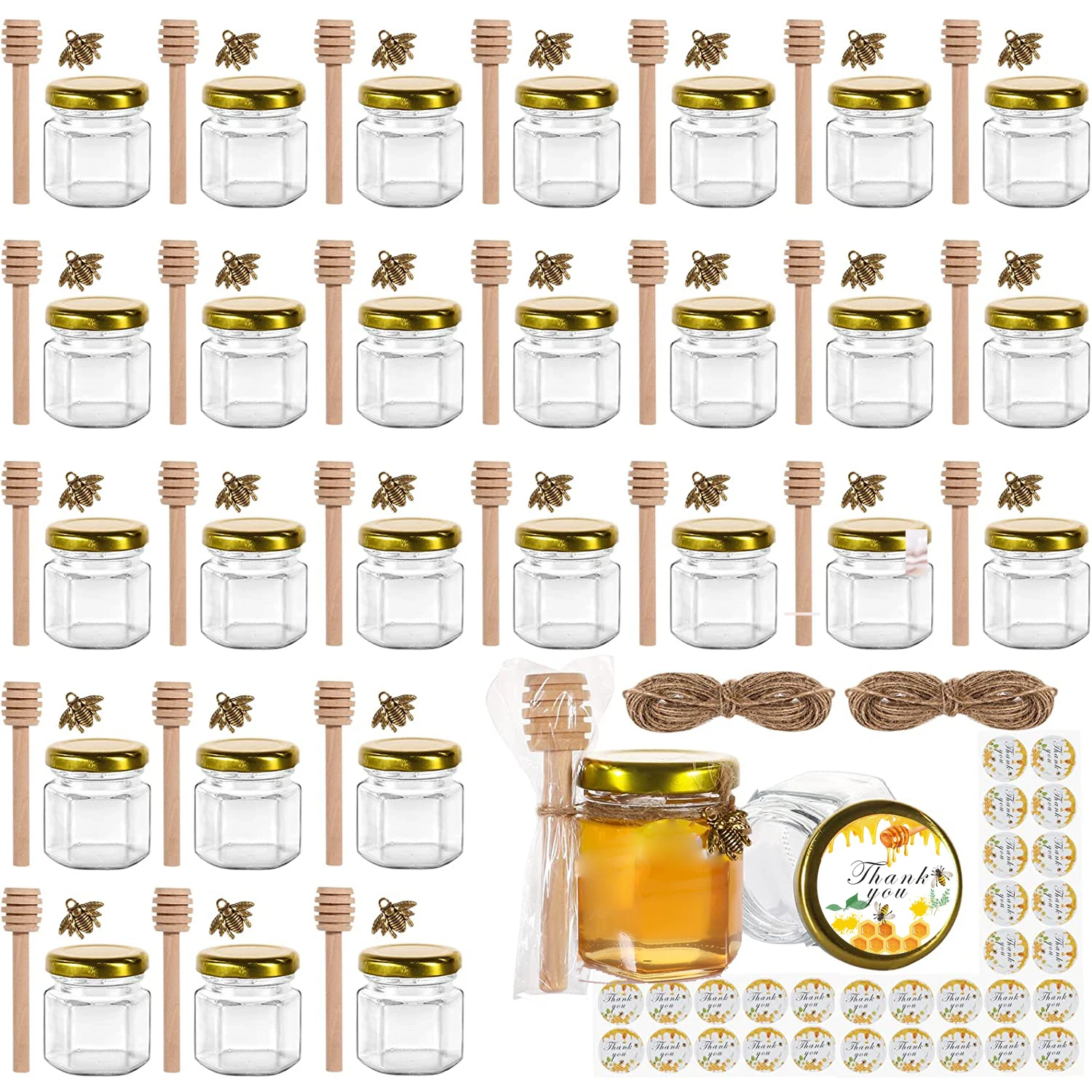 Hexagon Mini Glass Honey Jars with Wood Dippers, Gold Lids,Bee Pendants Jutes  Bee Stickers Perfect for Baby Shower,Wedding