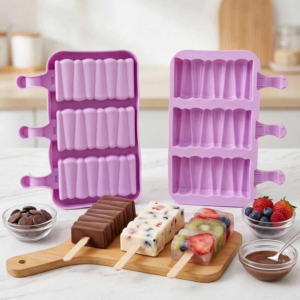 3-cavity building block shaped ice cream silicone mold with lid and wooden stick, summer DIY ice cream ice cream tray